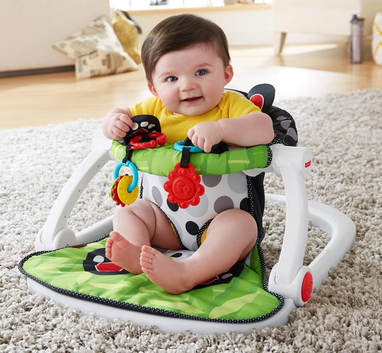 Fisher-Price Portable Baby Chair Sit-Me-Up Floor Seat with Developmental Toys and Crinkle & Squeaker Seat Pad, Panda Paws