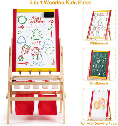 Costzon 3 in 1 Kids Art Easel with Paper Roll, Double Sided Adjustable Chalkboard & White Dry Erase with 4 Drawing Board Clips, Storage Bins, 26 English Alphabet Tiles for Toddlers (Red)