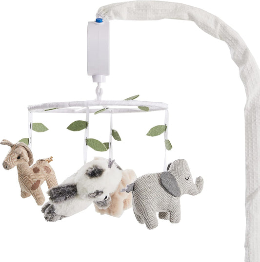 Levtex Baby - Mozambique Musical Rotating Baby Crib Mobile - Plush Giraffe, Panda, Lion and Elephant - Grey, Taupe, Cream, Whie and Green - Nursery Accessories