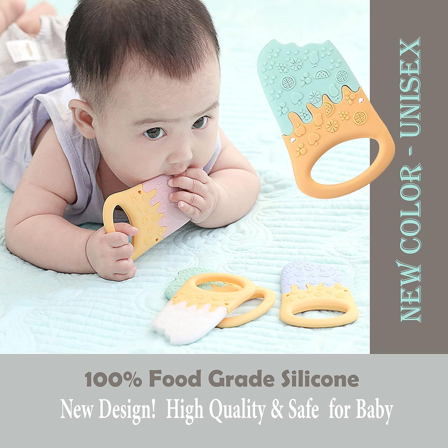 Teething Toys 3-6 Months, Teethers for Babies 3-6 6-12 Months for Teething Relief, Baby Teether Teething Toys 100% Silicone, Newborn Infant Sensory Baby Toys 0-6 Months, Bebe Mondo (Ice Cream)