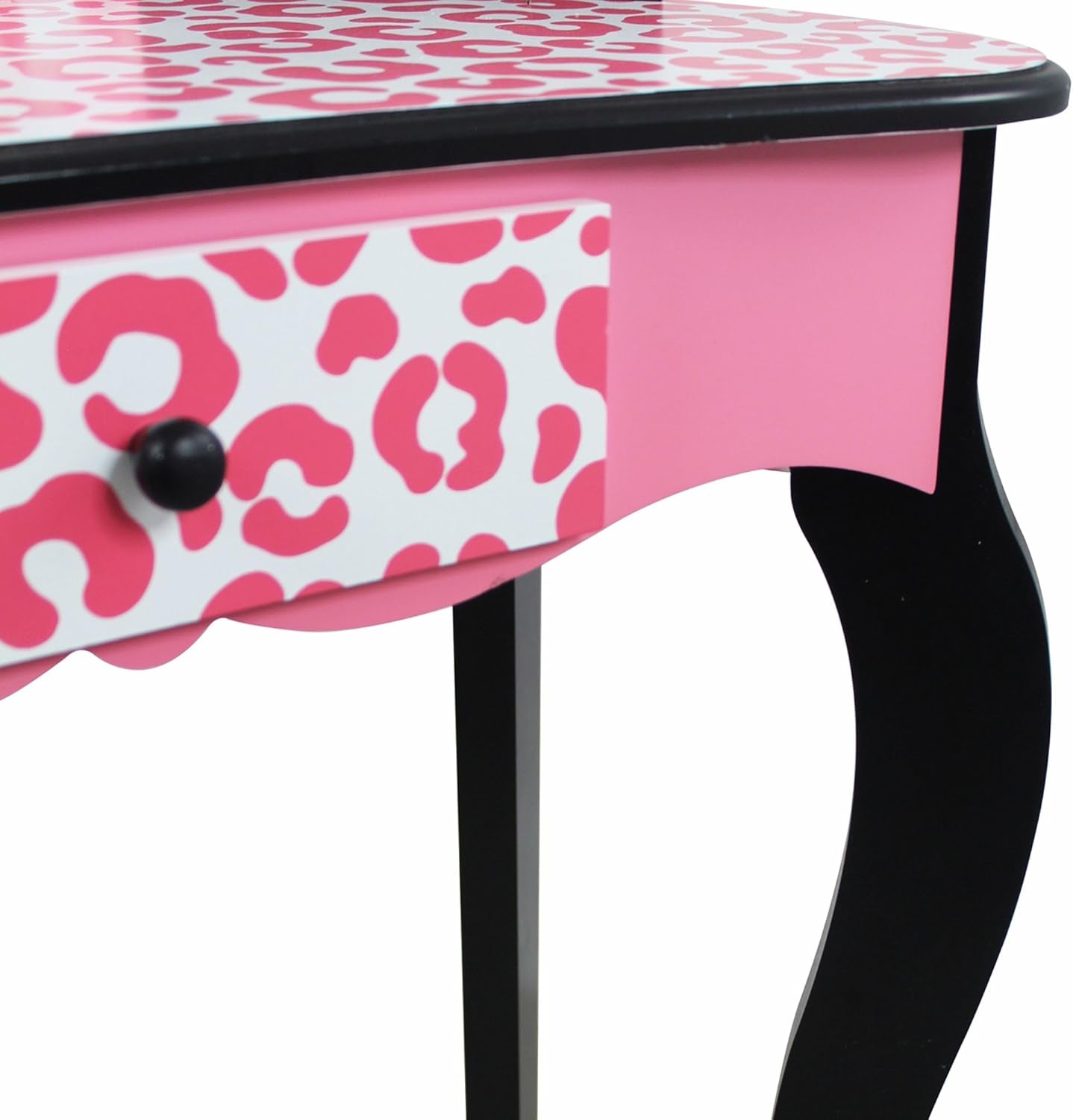 Teamson Kids Leopard Prints Wooden 2-Pc. Play Vanity Set with Tri-Fold Mirror, Storage Drawer and Matching Stool to Play Dress-Up, Princess or Beauty Shop, Black/Pink