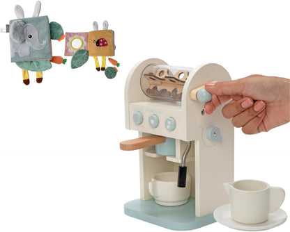 Baby Sensory Soft Book & Wooden Coffee Maker Toy Playset Bundle