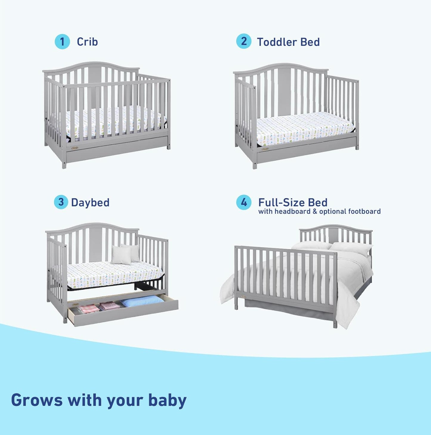 Graco Solano 4-In-1 Convertible Crib with Drawer (Pebble Gray) – GREENGUARD Gold Certified, Crib with Drawer Combo, Includes Full-Size Nursery Storage Drawer, Converts to Toddler Bed and Full-Size Bed