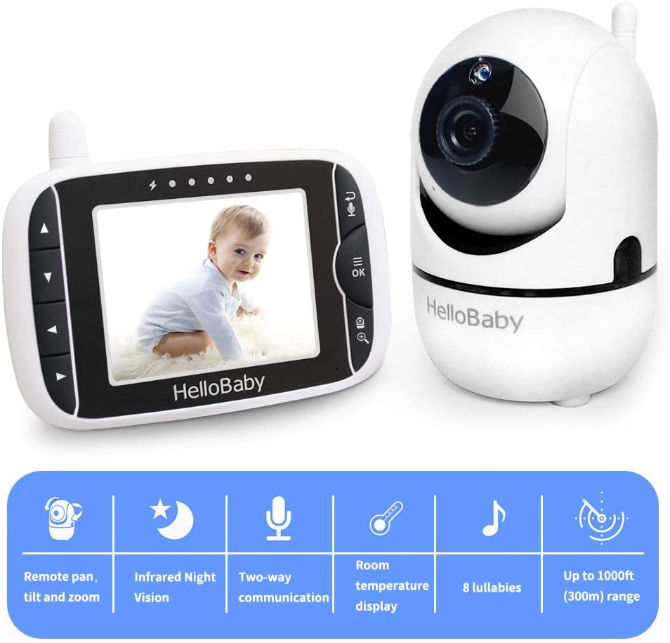 Hellobaby Video Baby Monitor with 2 Cameras and Audio. Baby Monitor with Remote Pan/Tilt/Zoom, VOX Mode, Night Vision, 2-Way Talk, 8 Lullabies