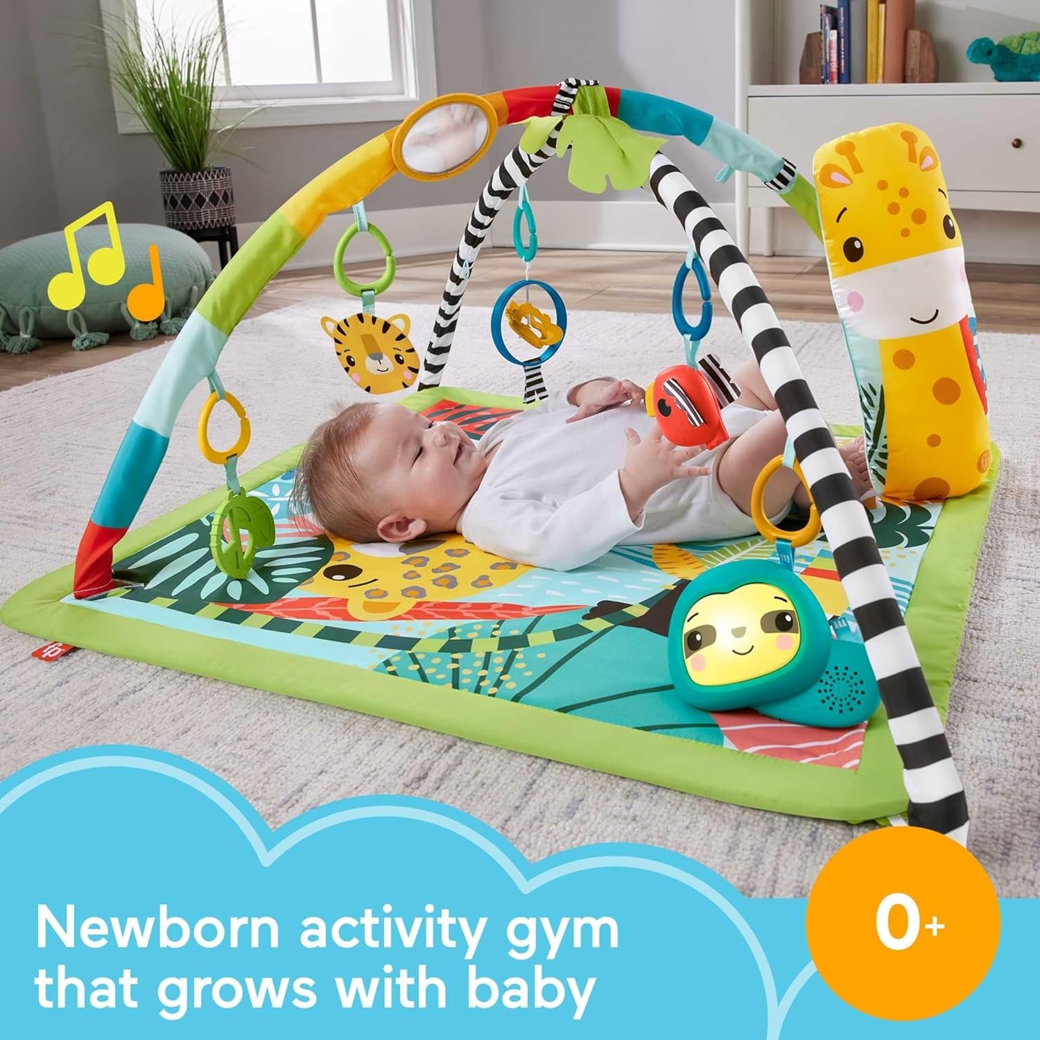 Fisher-Price Baby Playmat 3-In-1 Rainforest Sensory Gym with Music & Lights, Tummy Wedge & 5 Developmental Toys for Newborns 0+ Months