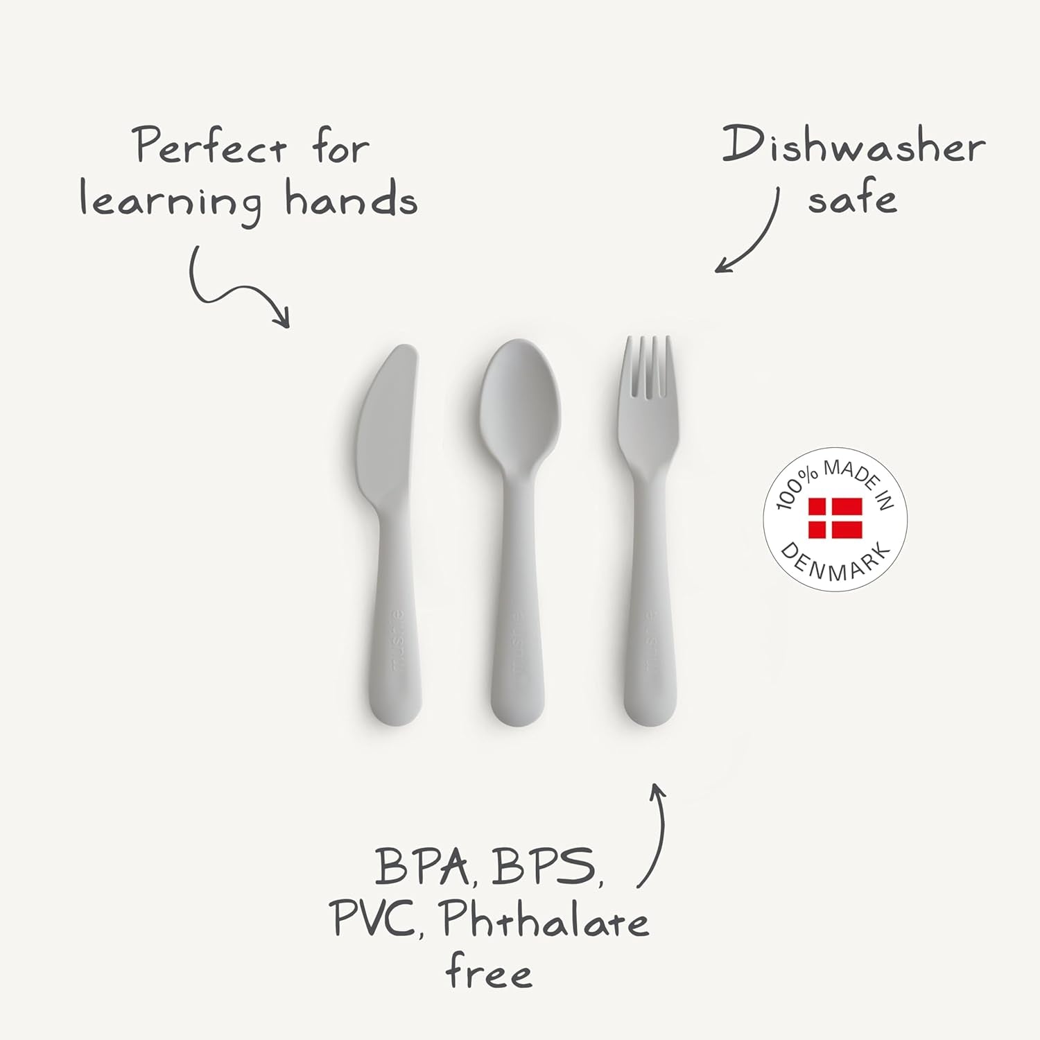 Mushie Dinnerware Cutlery Set of 3 for Kids | Made in Denmark (Cloud)