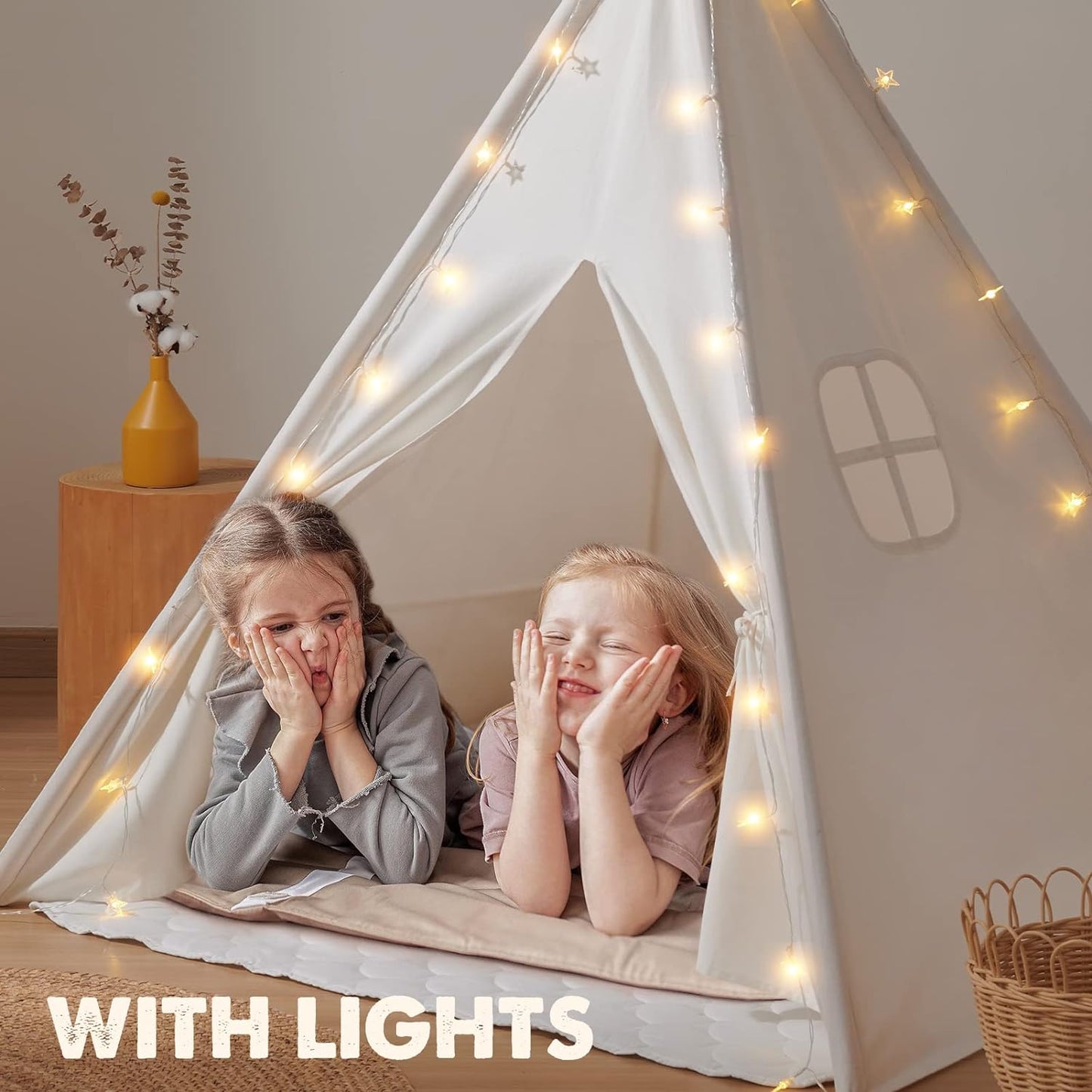 Tiny Land Teepee Tent for Kids, 100% Cotton Play Tent with Padded Mat and Star Lights, Kids Teepee Tent with Carry Bag, Foldable Kids Tent for Toddlers Aged 3+, Quality Teepee Tent for Girls and Boys