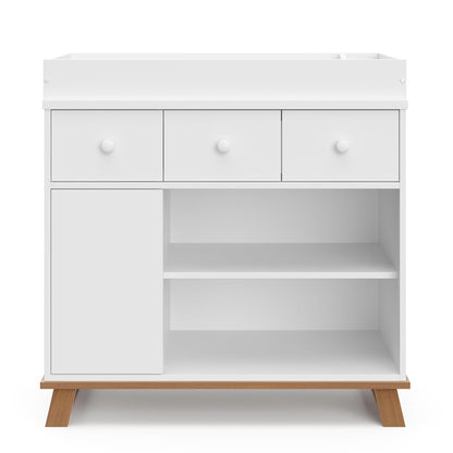 Storkcraft Modern Nursery Changing Table Dresser (White with Vintage Driftwood) – GREENGUARD Gold Certified, Baby Dresser with Changing Table Top, Dresser for Nursery, Changing Table with Drawers