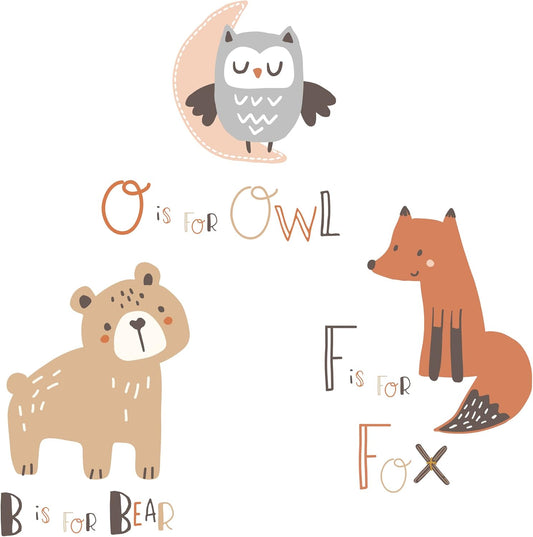 Bedtime Originals Animal Alphabet Beige/Gray Bear/Owl/Fox Woodland Wall Decals