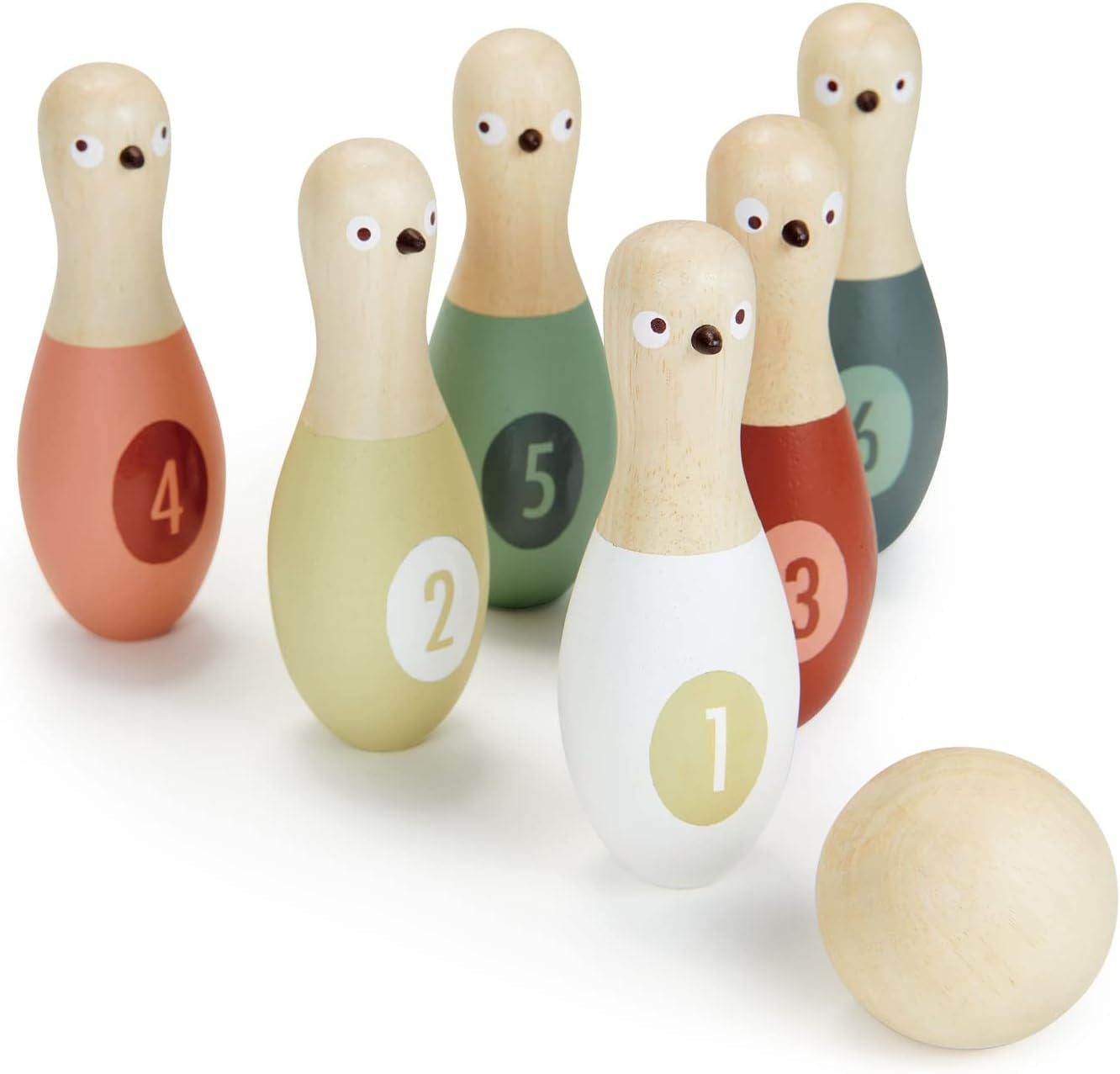 Tender Leaf Toys - Birdie Skittles - Kids Bowling Set - 6 Solid Wood Bowling Pins, Ball and Storage Bag - Fun Physical Learning for Toddler - Develop Hand-Eye Coordination and Numeracy Skills - Age 3+