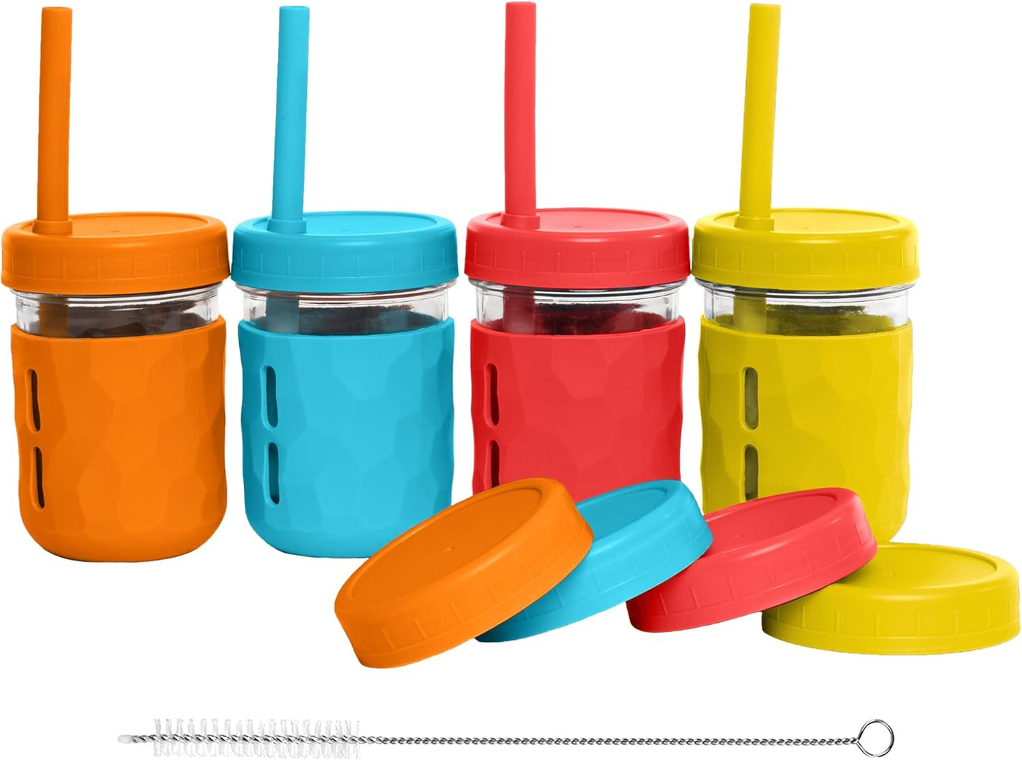 Weesprout Glass Cups with Lids & Straws, Spill-Resistant Smoothie Cups for Toddlers & Kids, Baby Food Storage & Snack Jars, XL Silicone Straws, Easy-Grip Sleeves, 8 Oz, Set of 4