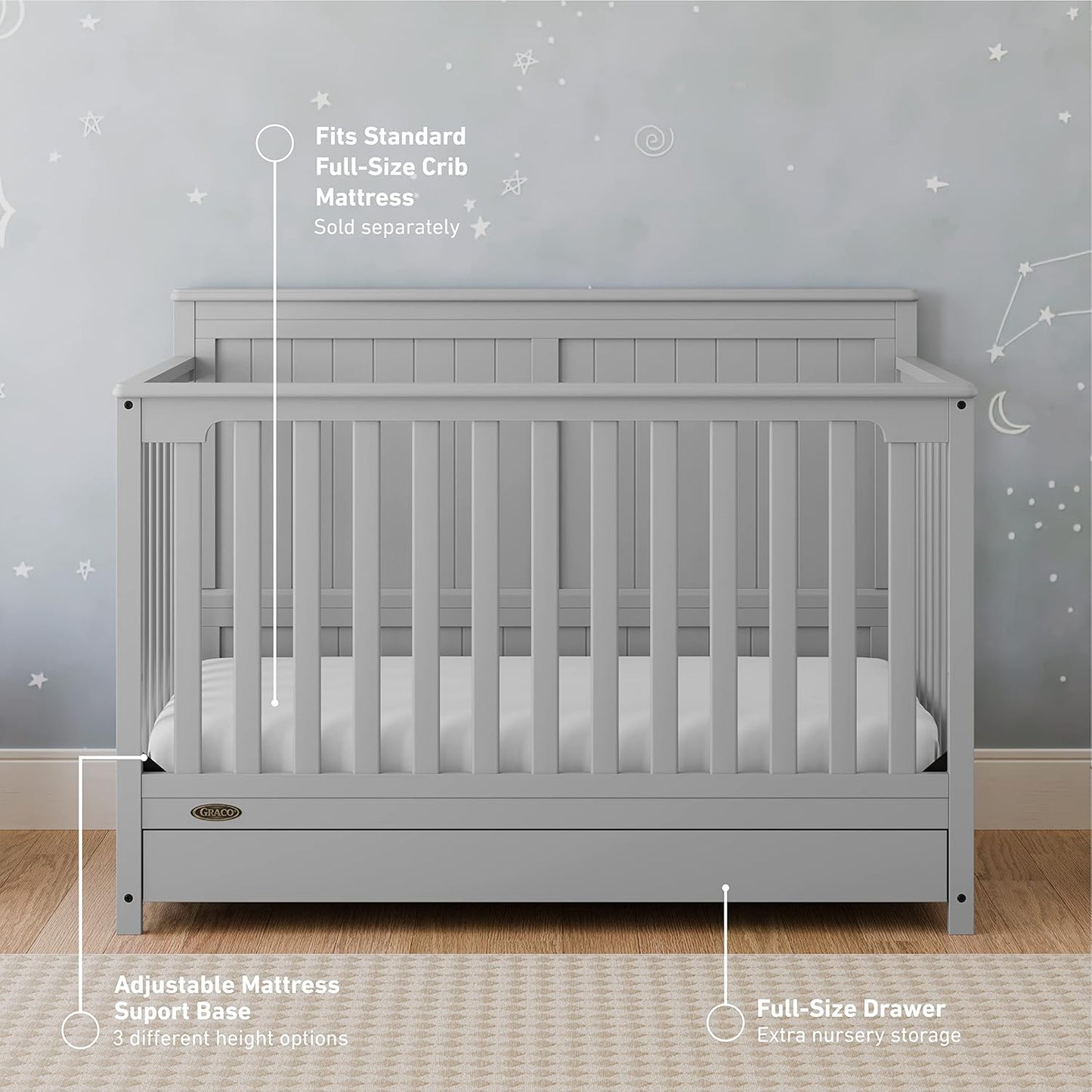 Graco Hadley 5-In-1 Convertible Crib with Drawer (Pebble Gray) – GREENGUARD Gold Certified, Crib with Drawer Combo, Full-Size Nursery Storage Drawer, Converts to Toddler Bed, Daybed