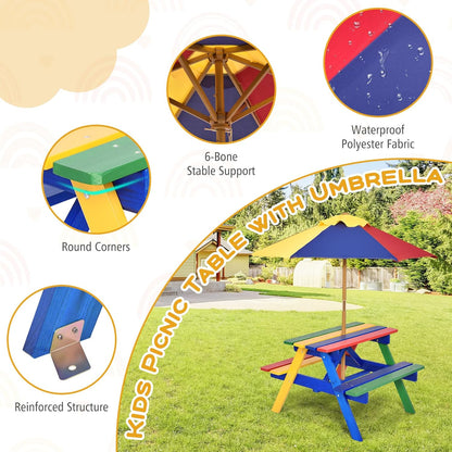 Costzon Kids Picnic Table, Wooden Childrens Table & Bench Set with Removable Umbrella, Kids Patio Furniture for Backyard, Garden, Kids Table and Chair Set for Outdoors