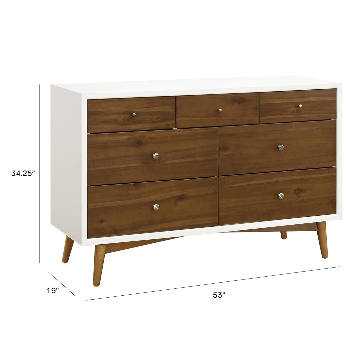 Babyletto Palma 7-Drawer Assembled Double Dresser in White and Natural Walnut, Greenguard Gold Certified, 19"D X 53"W X 34.25"H