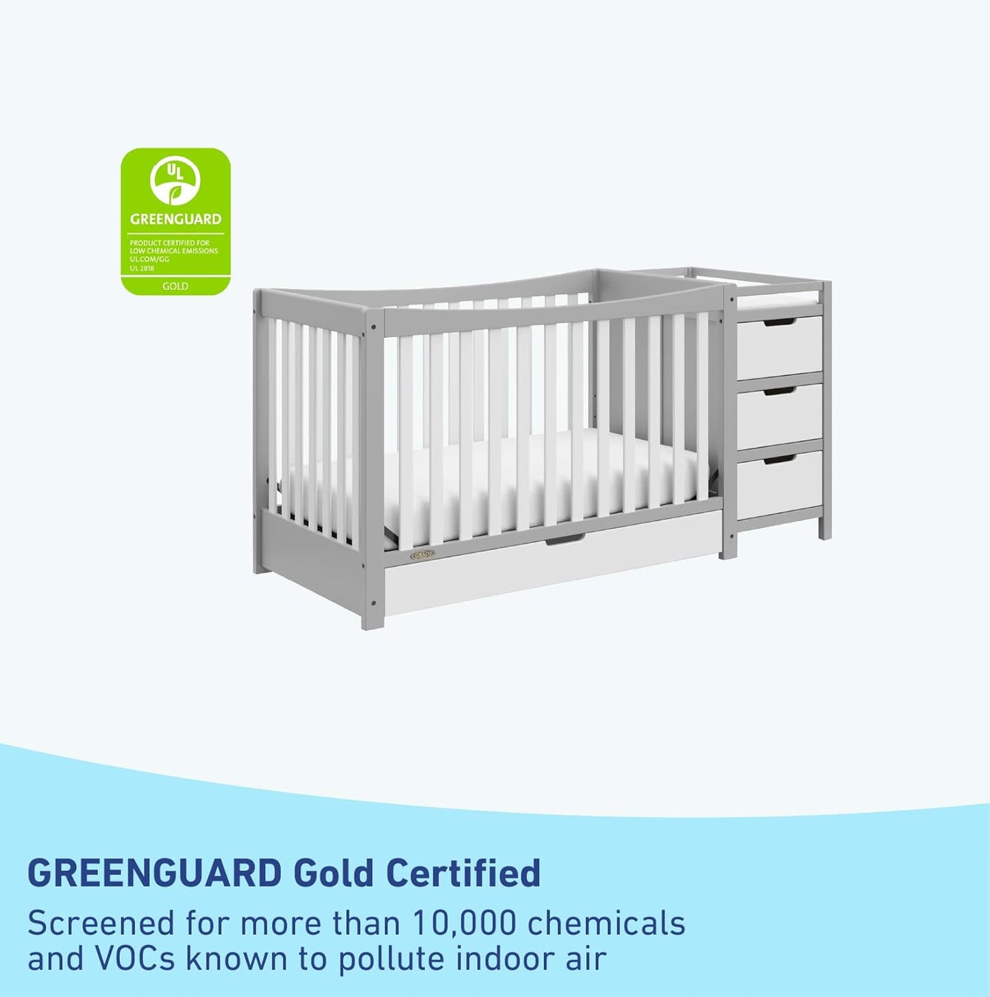 Graco Remi 4-In-1 Convertible Crib & Changer with Drawer (Pebble Gray & White) – GREENGUARD Gold Certified, Crib and Changing-Table Combo, Includes Changing Pad, Converts to Toddler Bed, Full-Size Bed