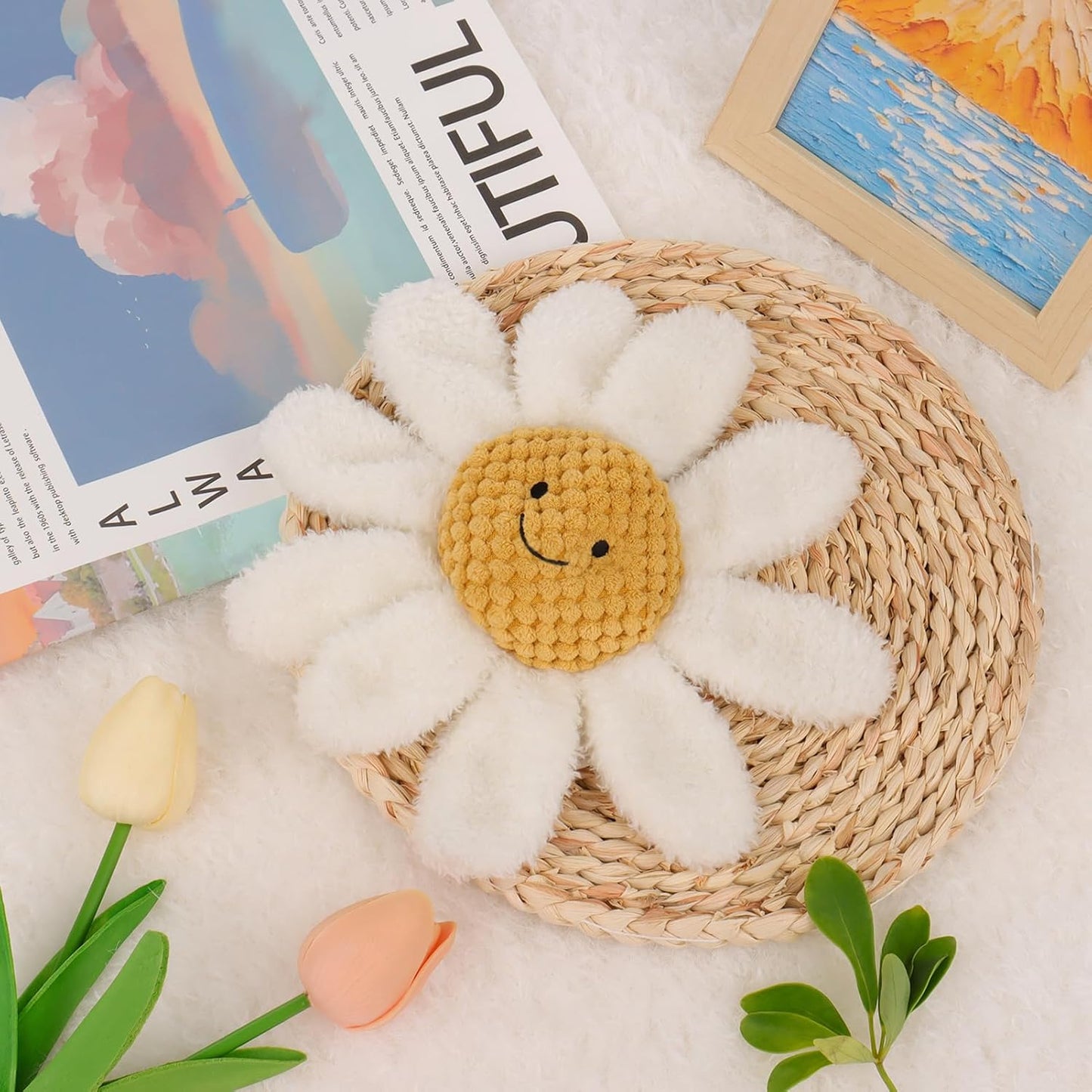 Apricot Lamb Baby Lovey Daisy Soft Rattle Toy, Plush Stuffed Flowers for Newborn Soft over 0 Months (White Daisy, 8.5 Inches)