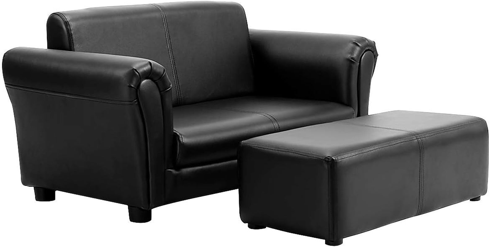 Costzon Kids Couch with Footstool, 2 in 1 Double Seat Children'S Sofa W/Pu Leather Surface, Armrest Chair Lounge for Preschool Bedroom Kids Room Toddlers Boys Girls Birthday (Black)