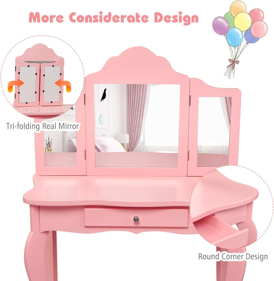 Costzon Kids Wooden Vanity Table & Stool Set, 2 in 1 Detachable Design with Dressing Table and Writing Desk, Princess Makeup Dressing Table with Two 180° Folding Mirror, for Girls, Kids (Pink)