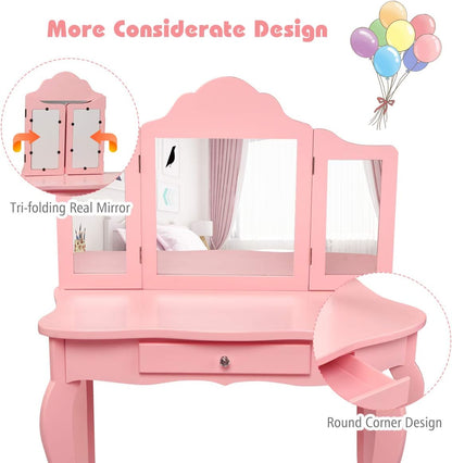 Costzon Kids Wooden Vanity Table & Stool Set, 2 in 1 Detachable Design with Dressing Table and Writing Desk, Princess Makeup Dressing Table with Two 180° Folding Mirror, for Girls, Kids (Pink)