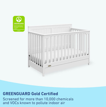 Graco Hadley 5-In-1 Convertible Crib with Drawer (White) – GREENGUARD Gold Certified, Crib with Drawer Combo, Full-Size Nursery Storage Drawer, Converts to Toddler Bed, Daybed