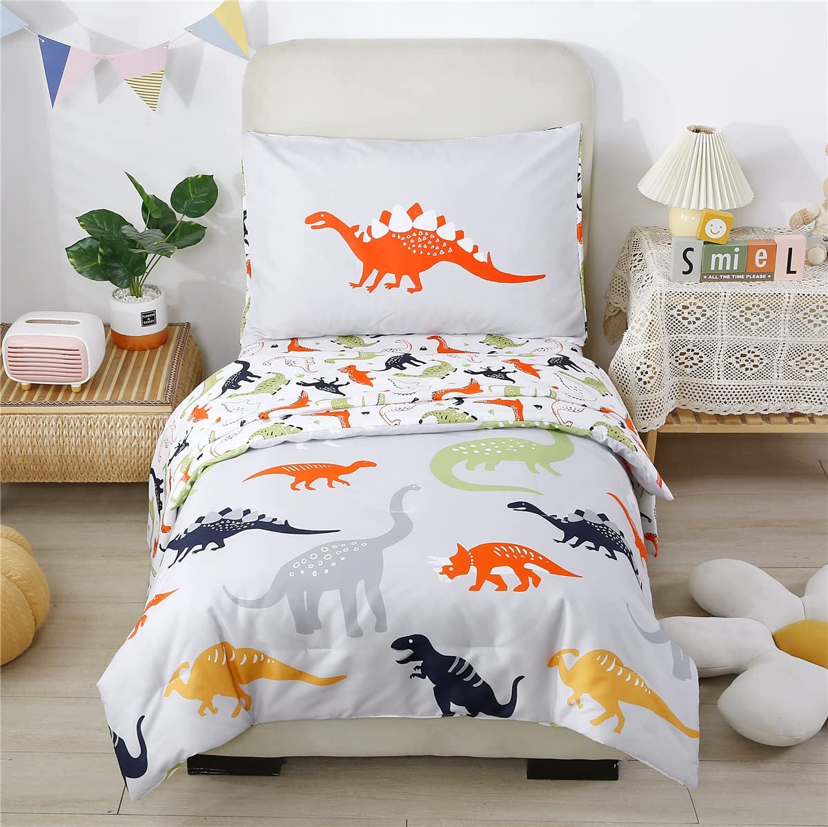 URBONUR 4-Piece Toddler Bedding Set - Ultra Soft Cartoon Jurassic Dinosaur Print Boys Toddler Comforter Set - Include Comforter, Flat Sheet, Fitted Sheet and Reversible Pillowcase, Gray Dinosaur