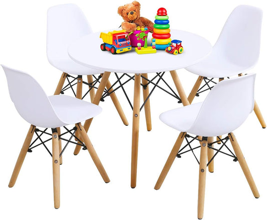 Costzon Kids Table and Chair Set, Kids Mid-Century Modern Style Table Set for Toddler Children, Kids Dining Table and Chair Set, 5-Piece Set (White, Table & 4 Chairs)