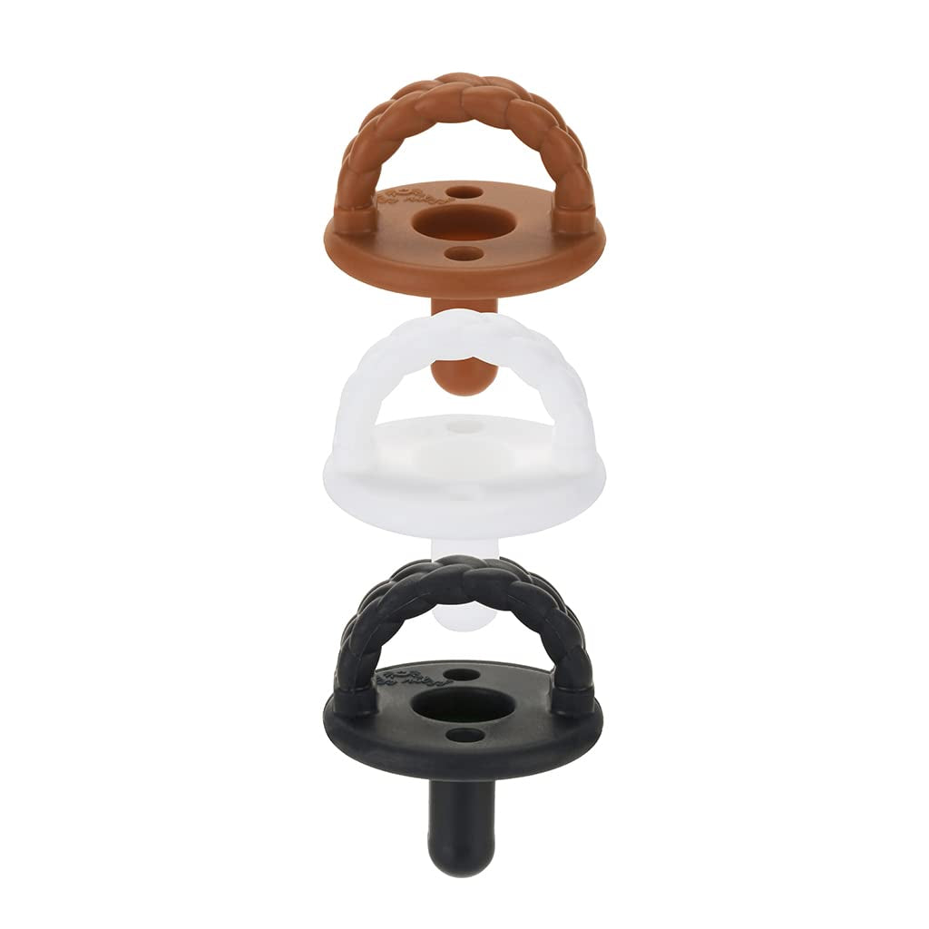 Itzy Ritzy Silicone Pacifiers for Newborn - Sweetie Soother Pacifiers Feature Collapsible Handle & Two Air Holes for Added Safety for Ages Newborn and Up, Coffee & Cream Set of 3 in White, Tan & Brown