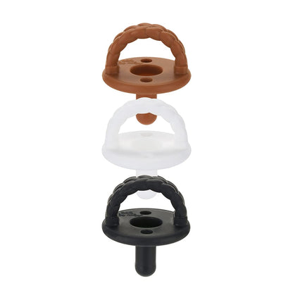 Itzy Ritzy Silicone Pacifiers for Newborn - Sweetie Soother Pacifiers Feature Collapsible Handle & Two Air Holes for Added Safety for Ages Newborn and Up, Coffee & Cream Set of 3 in White, Tan & Brown