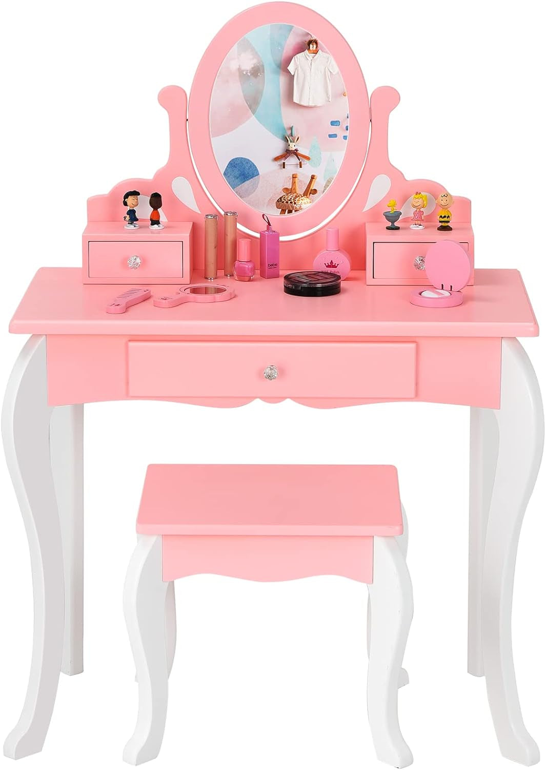 Costzon Kids Vanity Set with Mirror, 2 in 1 Princess Makeup Dressing Table W/Detachable Top, Toddler Vanity with 360° Rotating Mirror, Drawers & Stool, Pretend Play Vanity Set for Little Girls, Pink