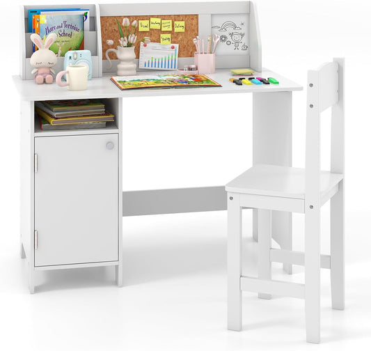 Costzon Kids Desk and Chair Set, Wooden Children Study Table with Storage, Hutch, Cork Bulletin Board, Whiteboard & Marker, Student Computer Workstation Writing Desk for Kids Bedroom, School, White