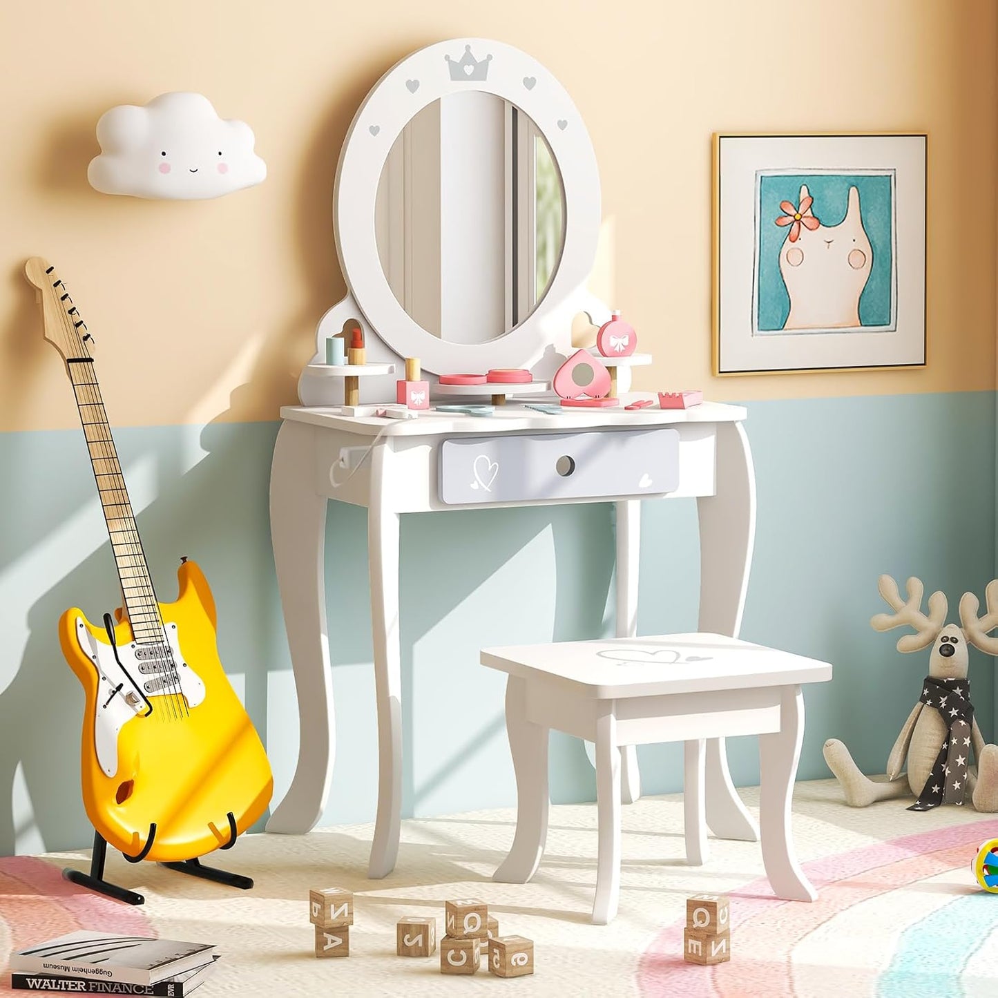 Costzon Kids Vanity Set with Mirror, Princess Makeup Dressing Table & Stool Set, Toddler Vanity W/Accessories, Drawer, Storage Shelves, Pretend Play Vanity Table and Chair Set for Little Girls, White