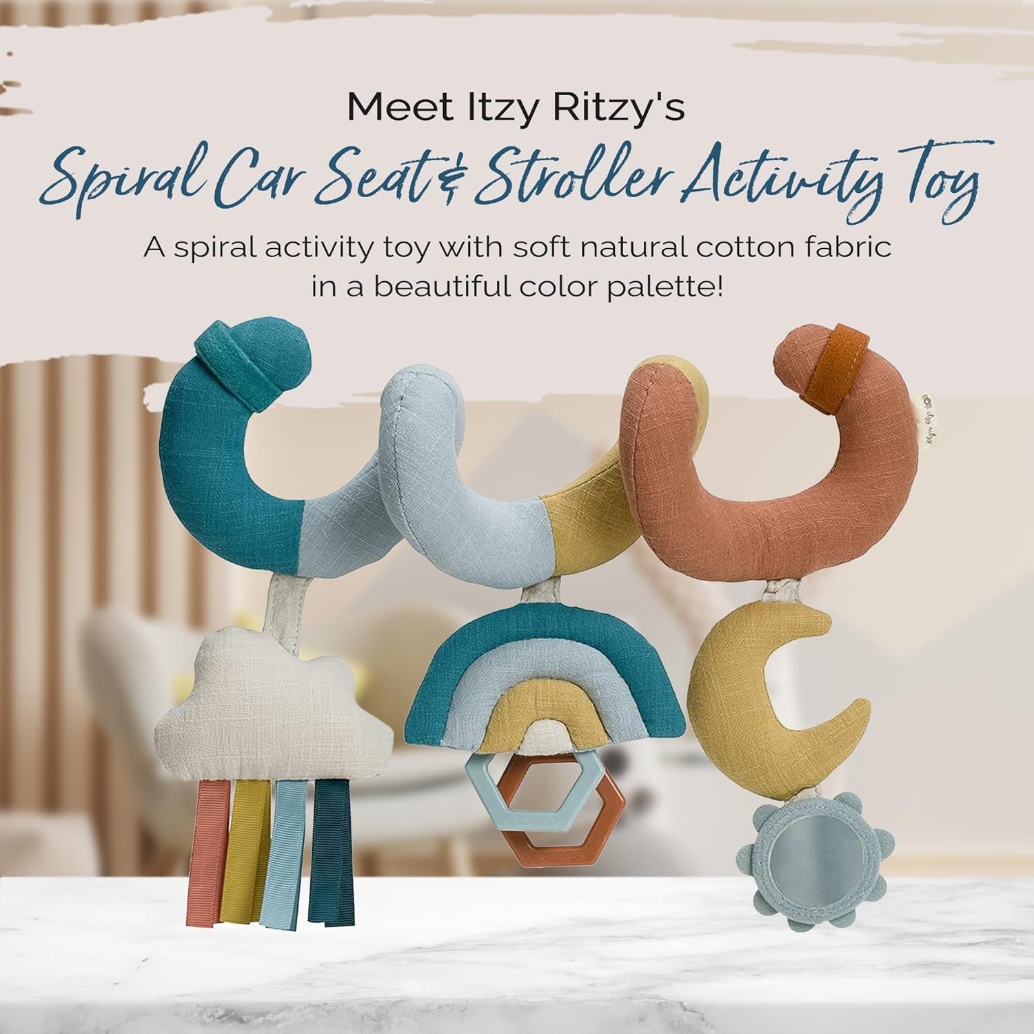 Itzy Ritzy Spiral Car Seat & Stroller Activity Toy - Stroller & Car Seat Toys for Ages 0 Months and up - Hanging Toys Include Dangling Ring, Mirror and Textured Ribbons (Pastel Rainbow)