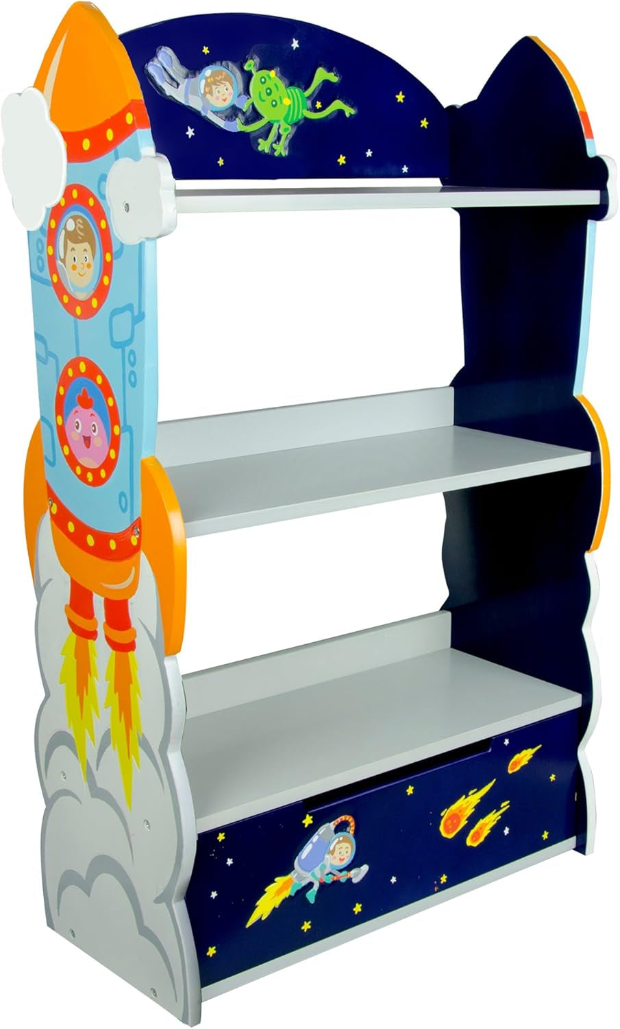 Fantasy Fields Outer Space 3 Tier Kids Bookcase, Wooden Kids Book Shelf with Hand Crafted Designs and Toy Storage Drawer, Blue