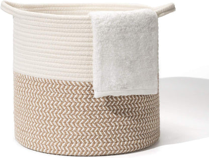 ROBUD Cotton Rope Basket with Handles for Toys, Clothing, Blankets, Storage Basket for Organizing, 100% Cotton Woven Baskets for Bedroom, Laundry, Nursery & Baby Toys (White/Brown)