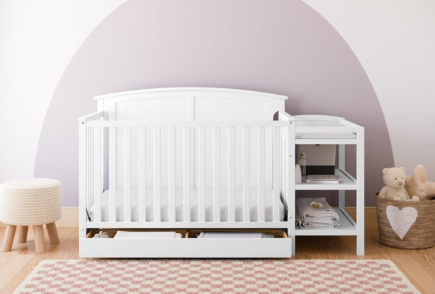 Storkcraft Steveston 5-In-1 Convertible Crib and Changer with Drawer (White) – GREENGUARD Gold Certified, Crib and Changing Table Combo with Drawer, Converts to Toddler Bed, Daybed and Full-Size Bed