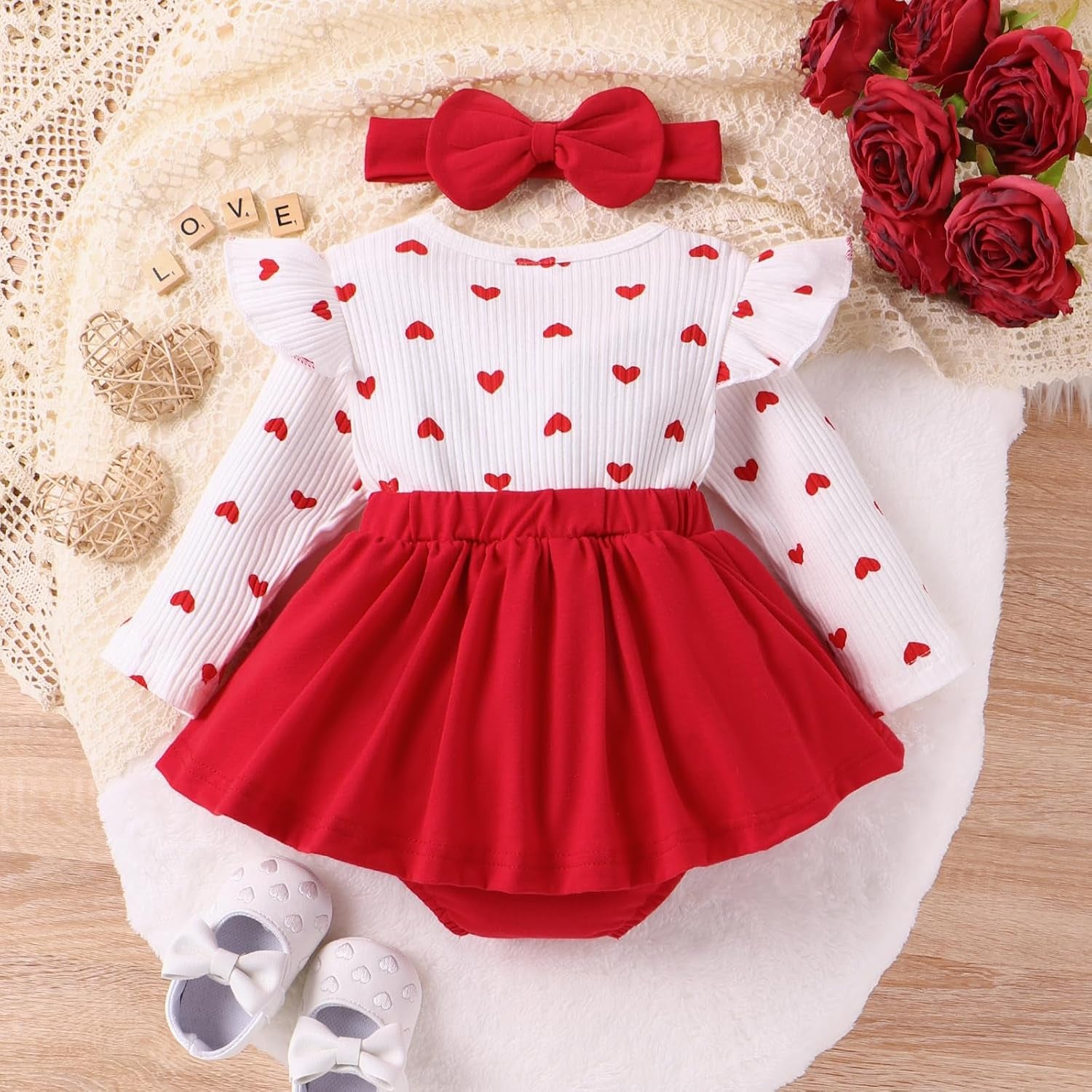 Murnouche Newborn Christmas Outfit Baby Girl Romper Ruffle Long Sleeve Ribbed Christmas Dress with Headband