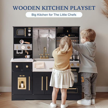 ROBUD Play Kitchen for Kids, Wooden Play Kitchen Set with Plenty of Realistic Play Features, Toy Kitchen with Ice Maker, Coffee Machine, Oven, Cabinet, Microwave, Utensils, Gift for Ages 3+, Black