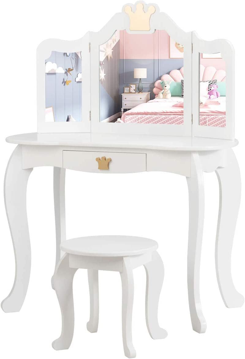 Costzon Kids Vanity Table and Chair Set, Princess Makeup Dressing Table with Drawer & Tri-Folding Mirror, 2 in 1 Vanity Set with Detachable Top, Pretend Beauty Play Vanity Set for Girls (White)