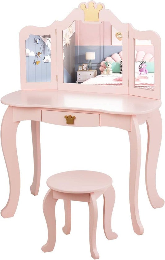 Costzon Kids Vanity Table and Chair Set, Princess Makeup Dressing Table with Drawer & Tri-Folding Mirror, 2 in 1 Vanity Set with Detachable Top, Pretend Beauty Play Vanity Set for Girls (Pink)