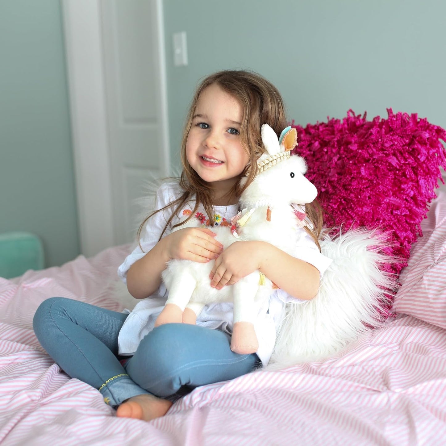 MON AMI Designer Tribal Lama Stuffed Animal - 14", White, Fluffy Alpaca Plushie, Use as Toy/Nursery Décor, Great Gifts for Kids of All Ages