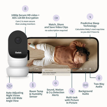 Owlet Cam 2 - Smart Baby Monitor Camera - Stream Secure HD Video and Audio with Night Vision, 4X Zoom, Wide Angle View and Sound, Motion and Cry Notifications - Dusty Rose