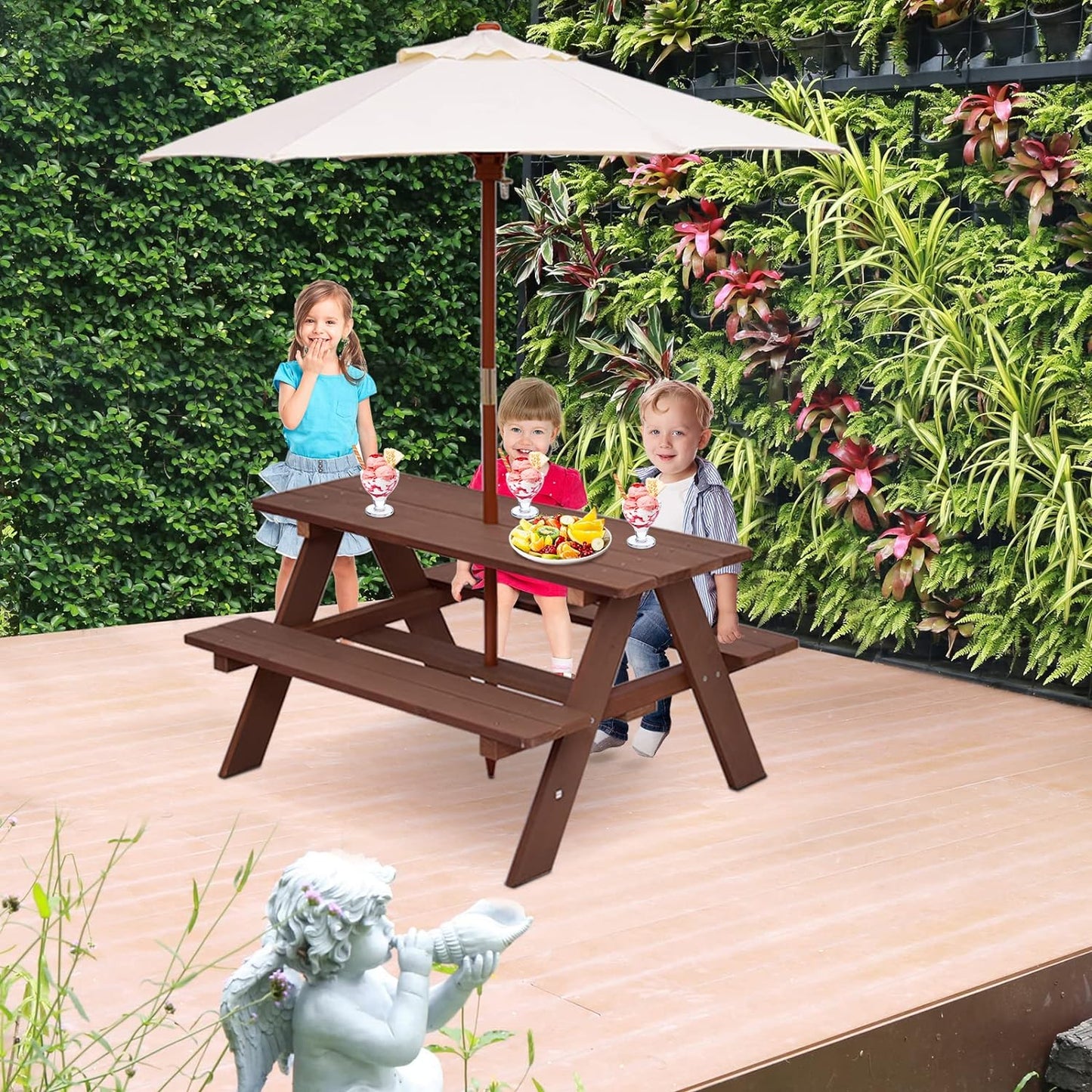 Costzon Kids Picnic Table, Wooden Table & Bench Set W/Removable & Foldable Umbrella, Toddler Patio Set for Backyard, Garden, Lawn, Girls & Boys Gift, Kids Table and Chair Set for Outdoors (Natural)