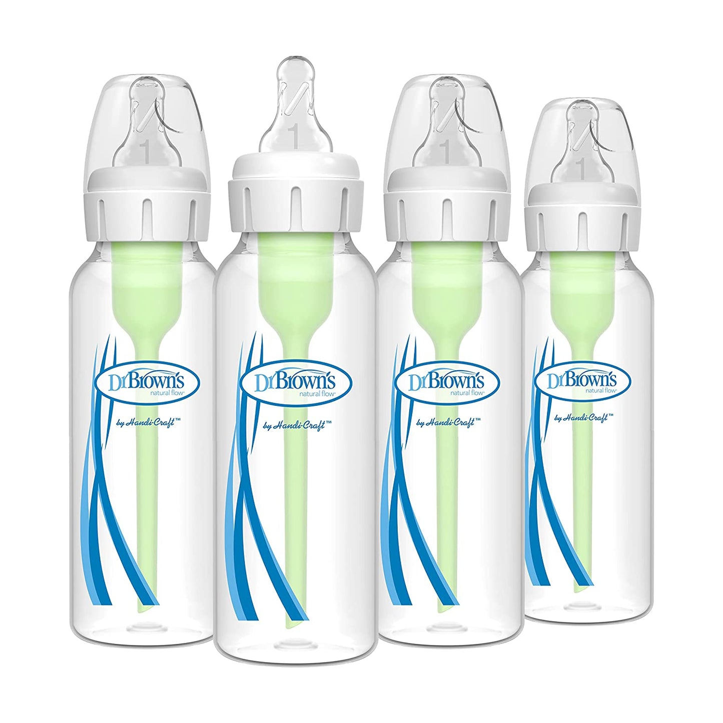 Dr. Brown'S Natural Flow Anti-Colic Options+ Narrow Baby Bottle, Blue Nature, 8 Oz/250 Ml, with Level 1 Slow Flow Nipples, 0M+, 4 Count (Pack of 1)