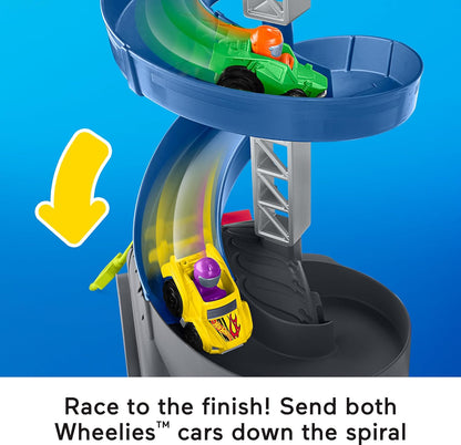 Fisher-Price Little People Toddler Toy Hot Wheels Spiral Stunt Speedway Race Track Playset with 2 Cars for Pretend Play Kids Ages 18+ Months