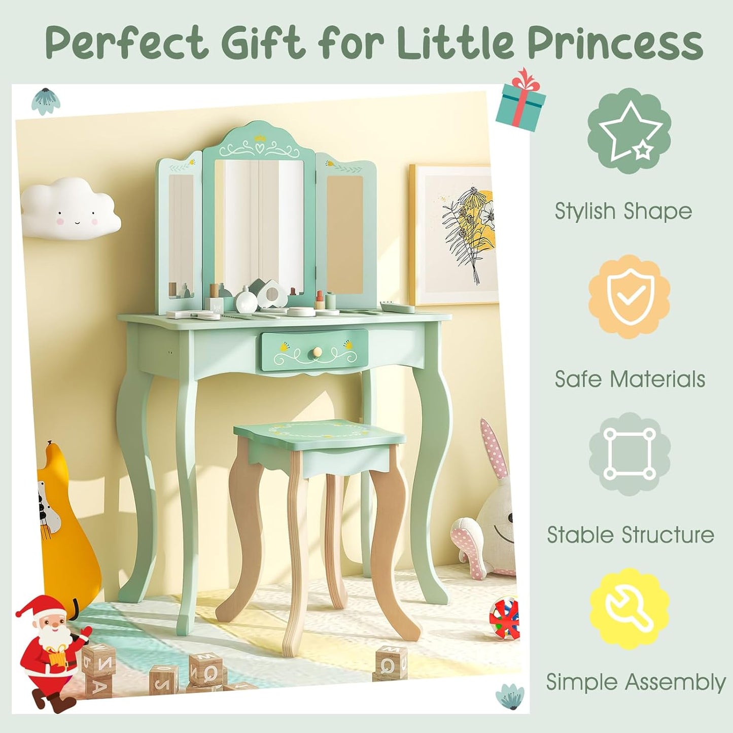 Costzon Kids Vanity Set, 2 in 1 Princess Makeup Dressing Table & Chair Set W/Detachable Tri-Fold Mirror, Toddler Vanity with Drawer & Accessories, Pretend Play Vanity Set for Little Girls (Green)