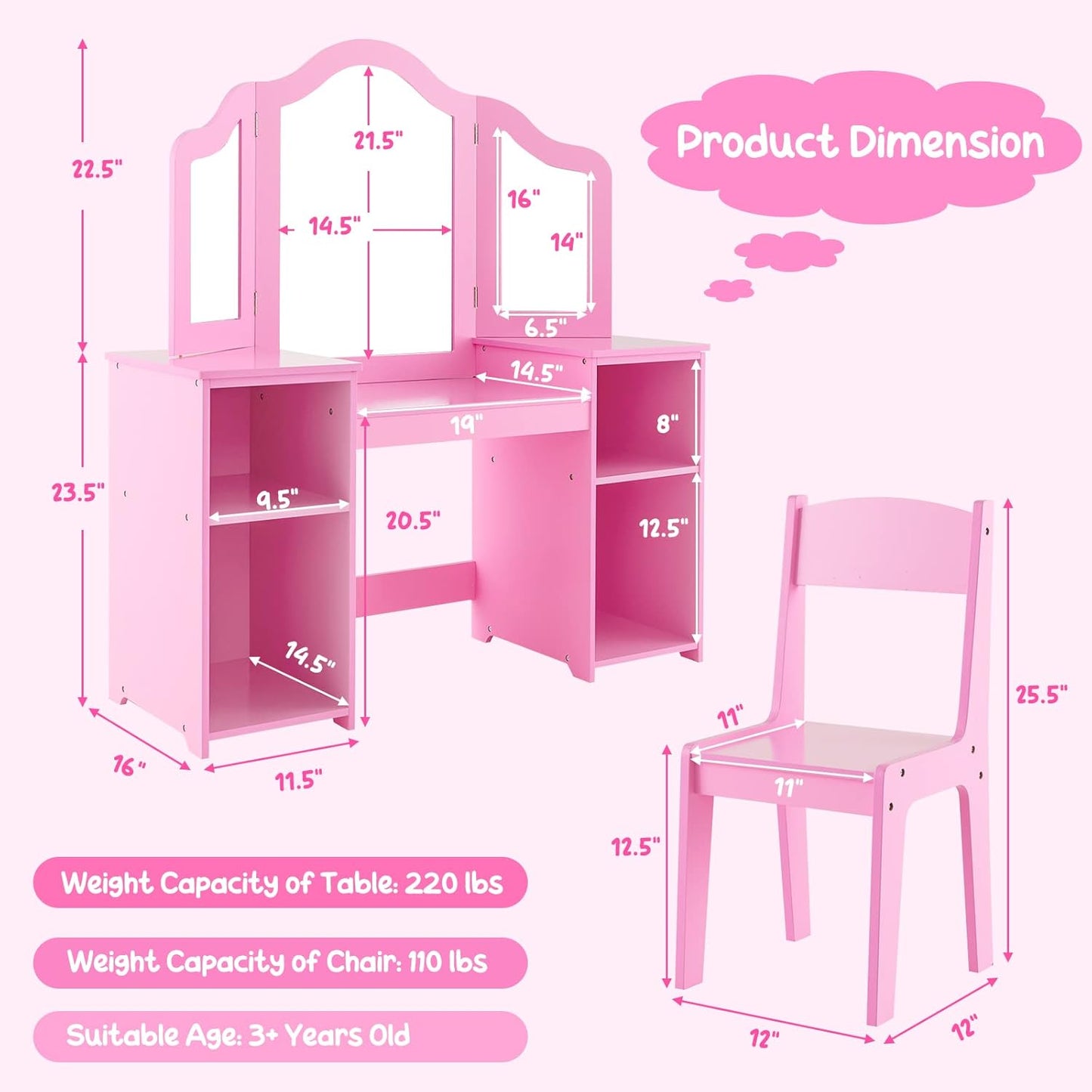 Costzon Kids 2-In-1 Princess Makeup Desk & Chair with Detachable Mirror, Shelves, Pretend Play Dressing Table for Girls (Pink)