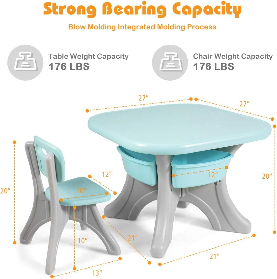 Costzon Kids Table and Chair Set, 3 Piece Activity Table W/Detachable Toy Storage Bins & 2 Chairs for Children Reading Art Craft, Strong Bearing Capacity, Lightweight for Toddler, Green