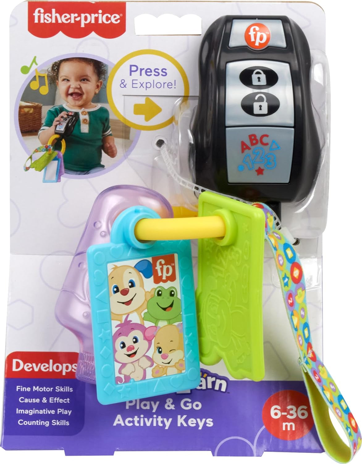 Fisher-Price Baby Travel Toy Laugh & Learn Play & Go Activity Keys with Learning Music, Teether & Mirror for Infants Ages 6+ Months