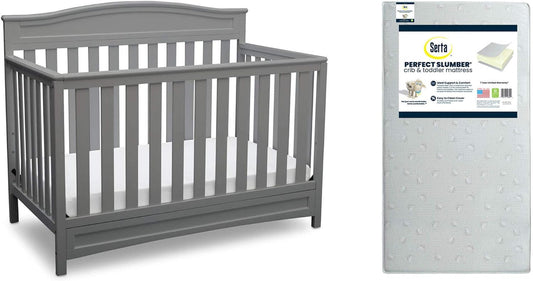 Delta Children Emery 4-In-1 Convertible Crib, Grey + Serta Perfect Slumber Dual Sided Recycled Fiber Core Crib and Toddler Mattress (Bundle)