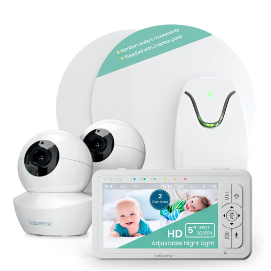 Babysense True Sleep Duo - HD Video & Movement Baby Monitor - HD Bundle Pack - HD Split Screen 5" Video Monitor with Two PTZ Cameras & Babysense 7 Under-The-Mattress Baby Movement Monitor - 2 in 1